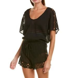 La Blanca Women's Crochet-Trim Romper Swim Cover-Up - Black Size XL NWOT